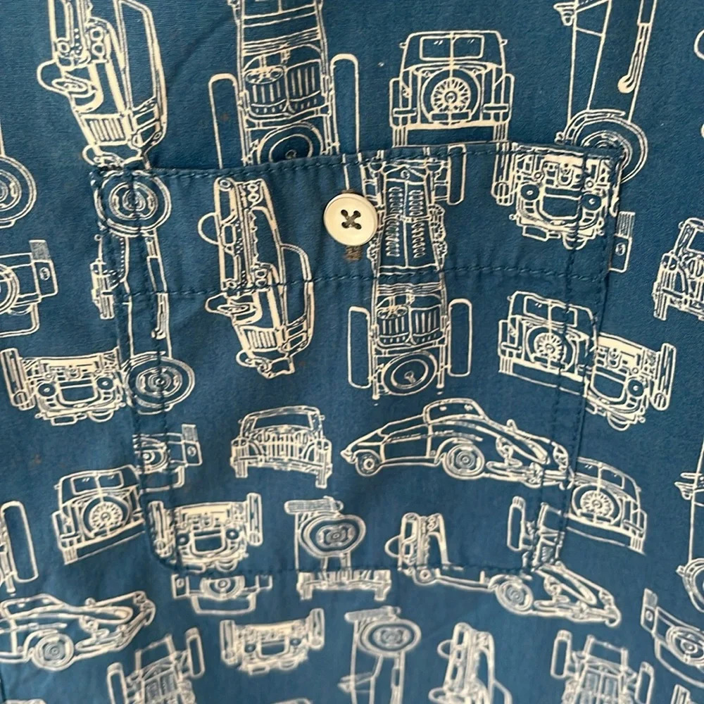 Flag & Anthem button down shirt vintage classic car blue white  short sleeve XL - Picture 4 of 12